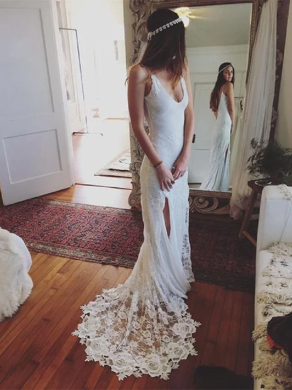 Weekend Clearance Event White Spaghetti Straps Backless Lace Boho Wedding Dresses, Backless White Lace Prom Dresses Weekend Clearance Event White Spaghetti Straps Backless Lace Boho Wedding Dresses, Backless White Lace Prom Dresses