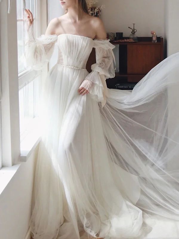 Extra Discount White Tulle A line Long Prom Dress, White Formal Dresses