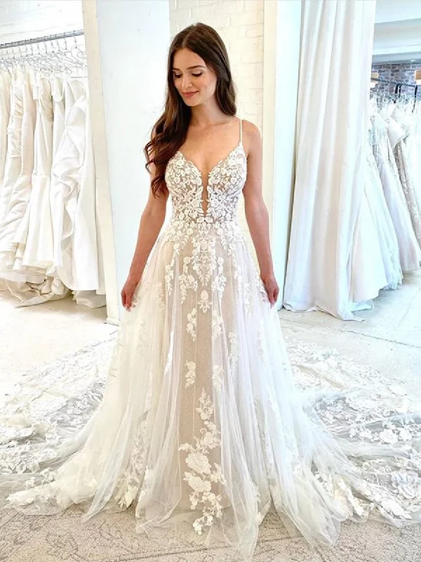 Weekend Offers You Can’t Miss White Tulle V Neck Lace Floral Long Wedding Dresses, White Lace Prom Dresses, White Formal Evening Dresses