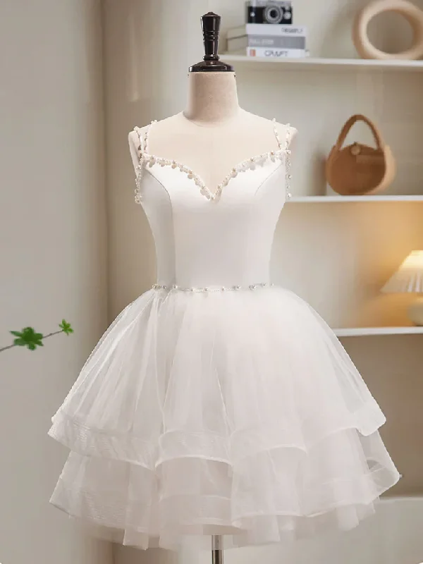 Weekend Hot Offers White  V Neck Short Tulle Prom Dresses, Short White Tulle Homecoming Graduation Dresses
