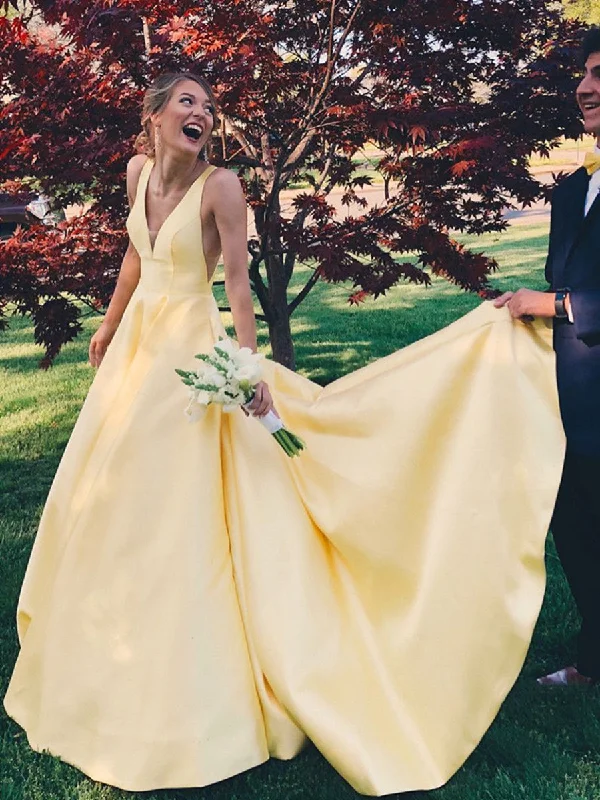 Weekend Price Drop Event Yellow A Line V Neck Satin Long Prom Dresses, V Neck Backless Yellow Satin Wedding Dresses, Formal Dresses