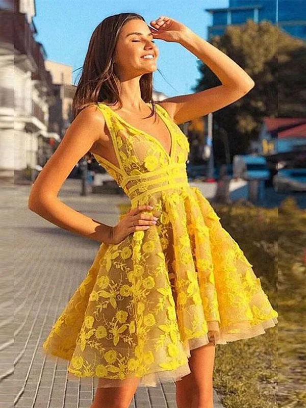 Instant Discount Yellow V Neck Tulle Lace Short Prom Dress Yellow Homecoming Dress