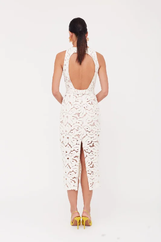 Final Sale Event YEMA White Lace Open Back Midi Wedding Dress