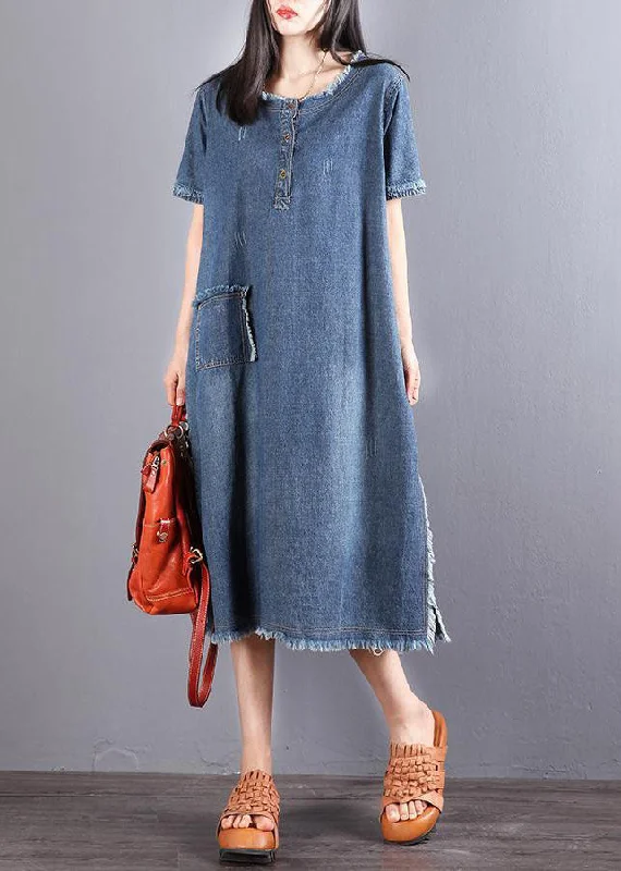 Best Price Ever Beautiful Blue Pockets Button Fall Denim Short Sleeve Party Dress
