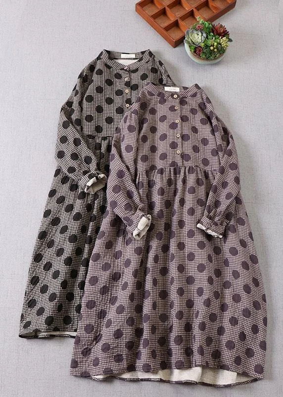 One-Day Sale Beautiful Purple Button Patchwork Pockets Fall Print Party Dress Long sleeve