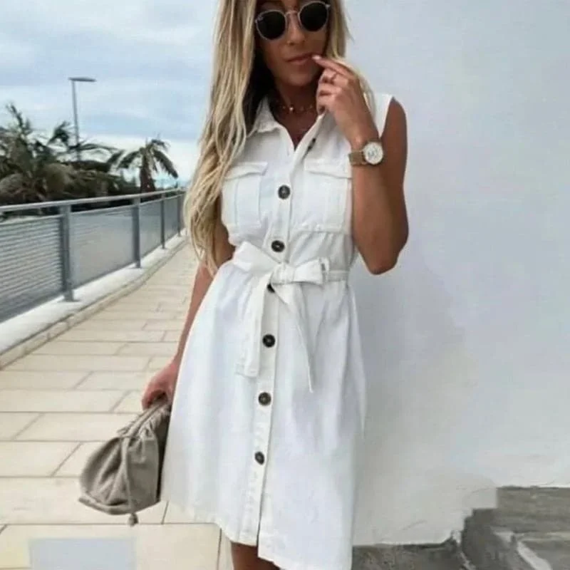 Weekend Best Buys Women Vintage Front Button Sashes Sheath Party Dress Sleeveless Turn Down Collar Casual Mini Dress Summer Fashion New Dress Weekend Best Buys Women Vintage Front Button Sashes Sheath Party Dress Sleeveless Turn Down Collar Casual Mini Dress Summer Fashion New Dress