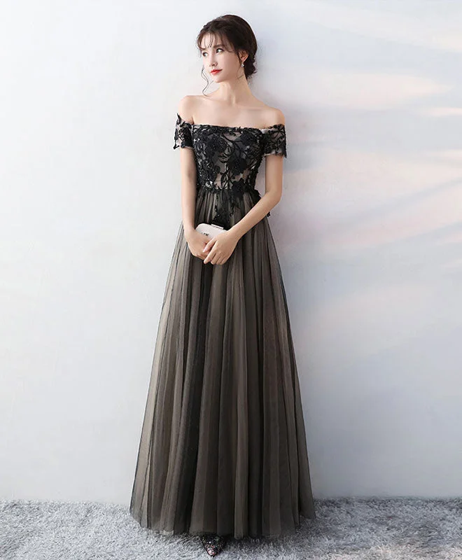Weekend Exclusive Discounts Black Lace Tulle Long Prom Dress, Black Formal Party Dress