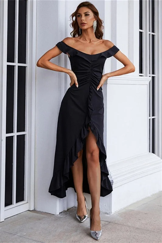 Weekend Shopping Deals Black Off the Shoulder High Low Party Dress