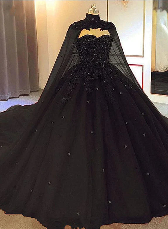 Weekend Exclusive Offers You’ll Love Black Tulle Ball Gown Wedding Party Dress with Cap, Black Lace Formal Gown