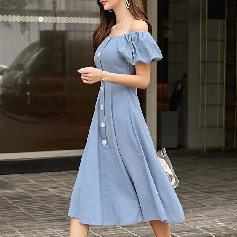Best Prices This Week Blue Wide Neck Puff Sleeve Slim A-line Party Dress