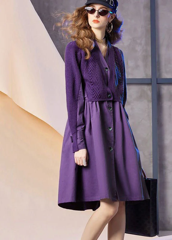 Massive Savings Event Boho Purple V Neck Patchwork Knit Fake Two Piece Party Dress Spring