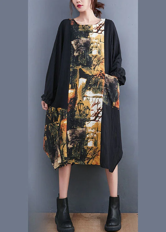 Shop & Save Today Boutique Light Yellow Patchwork Pockets Print Fall Long Sleeve Party Dress