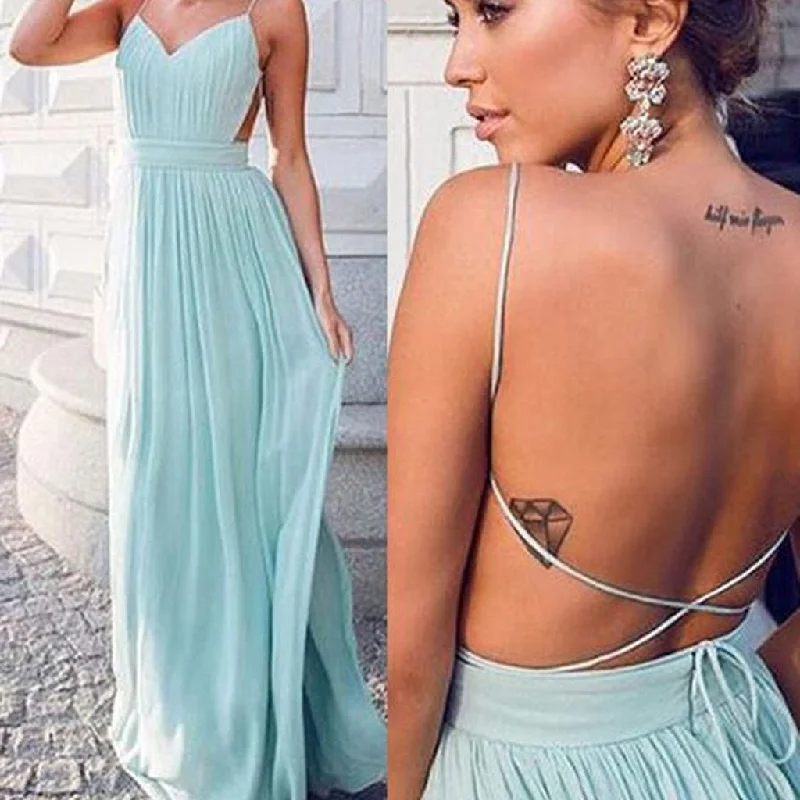 Weekend Deal Rush Cheap Simple Chiffon Open Back Cheap Tiffany Blue Prom Dress, Sexy Long Wedding Party Dresses, WG50