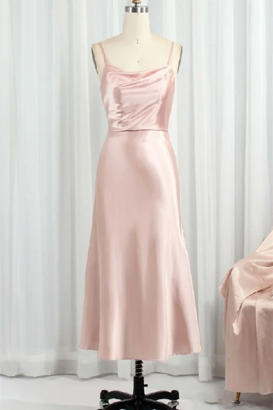 Weekend Big Sale Classic Pink Spaghetti Straps Midi Party Dresss