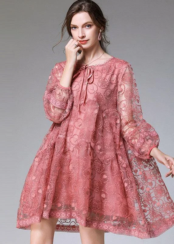 One-Stop Shop Sale Classy Pink Fashion Spring Lace Party Dress Long Sleeve