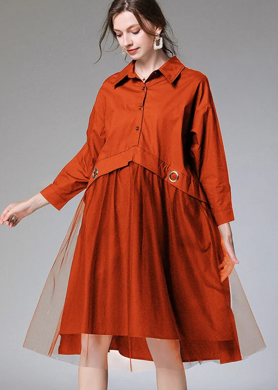 Hot Sale Items Comfy Orange Peter Pan Colla Cotton Button Fall Party Dress