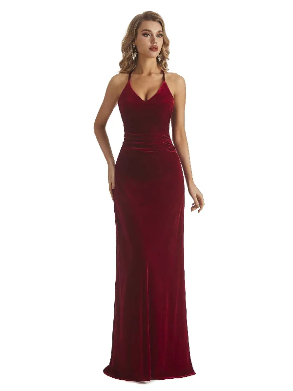 Weekend Sale Day Elegant Mermaid V-neck Halter Velvet Long Wedding Party Dresses Online