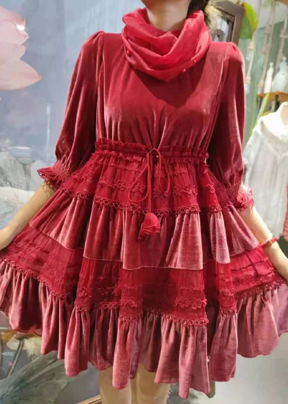 Deal Frenzy Fitted Red ?Cinched Patchwork Velour Party Dress Spring