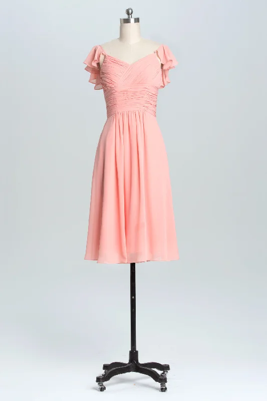 Weekend Sale Marathon Flutter Sleeves Coral Pleated A-line Short Party Dress