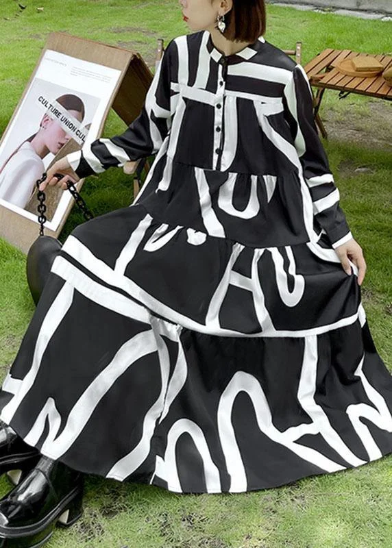 Grab It Now Italian Black Patchwork Button Print Fall Long sleeve Party Dress