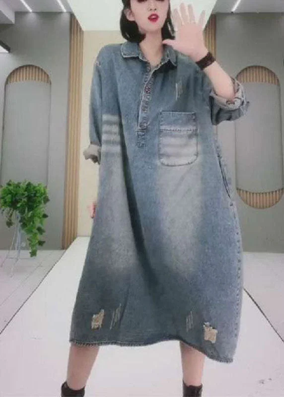 Unbeatable Offer Natural Blue PeterPan Collar Button Pockets Hole Fall Long sleeve Denim Party Dress