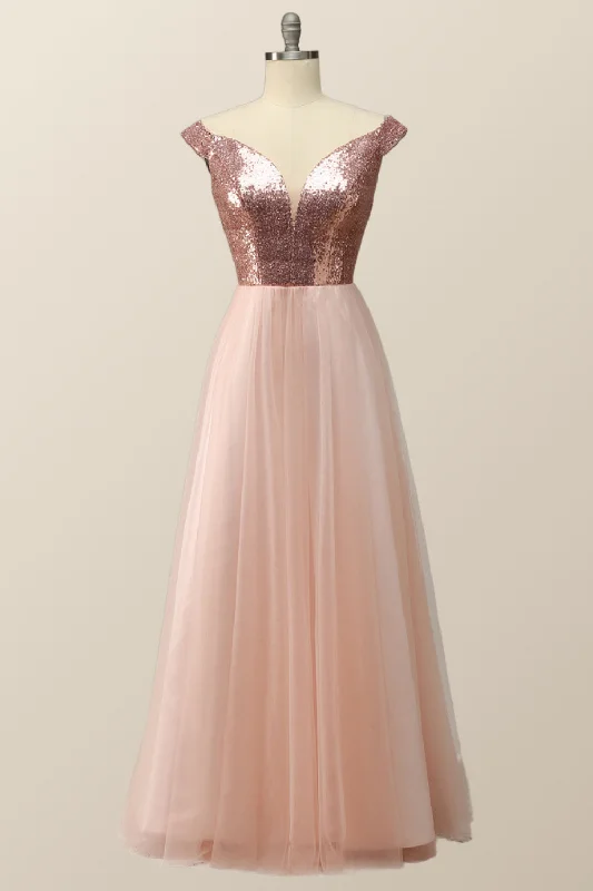 Weekend Special Discounts Off the Shoulder Rose Gols Sequin and Tulle Long Party Dress