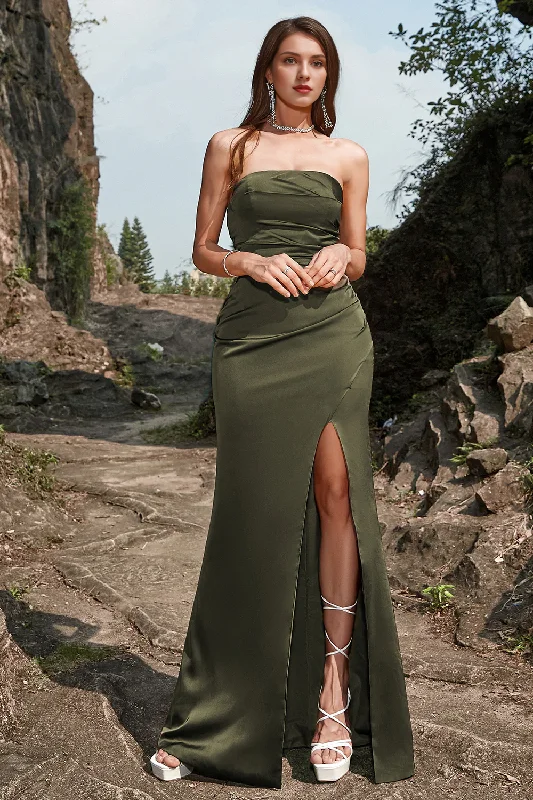 Weekend Offers You Love Olive colored front slit strapless long wedding party dress