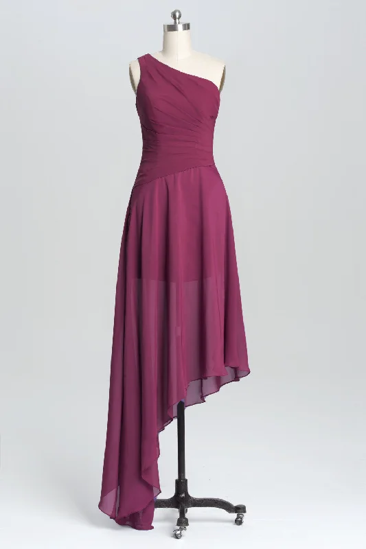Weekend Price Slash Event One Shoulder Plum Asymmetric Chiffon Long Party Dress