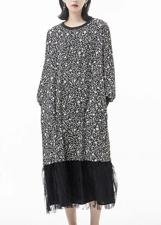 Time-Sensitive Offer Plus Size Black O-Neck print tulle Patchwork Silk Party Dress Spring