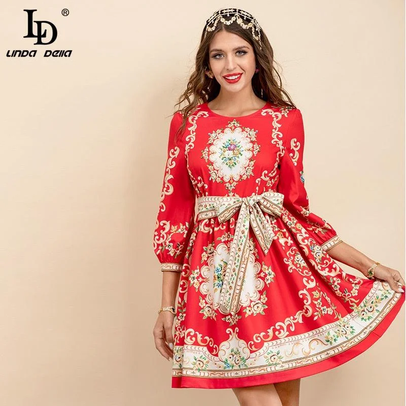 Special Shopping Event Red Midi Dress Women Three Quarter Sleeve Bead Floral print Elegant Party Dress
