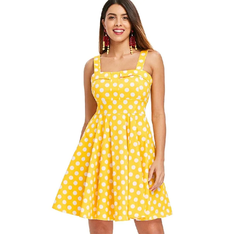 Season-End Deals Retro Yellow Polka Dot Print Pleated Vintage Plus Size Party Dress