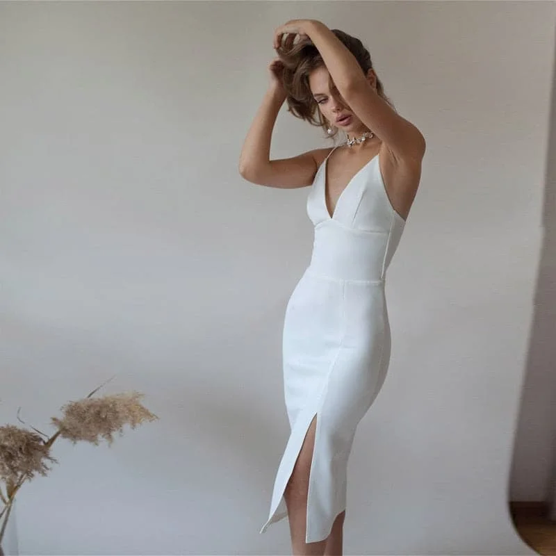 Super Low Prices DressBetty - Sexy Backless White Party Dress For Women Spaghetti Strap High Split Slim Sheath New Spring