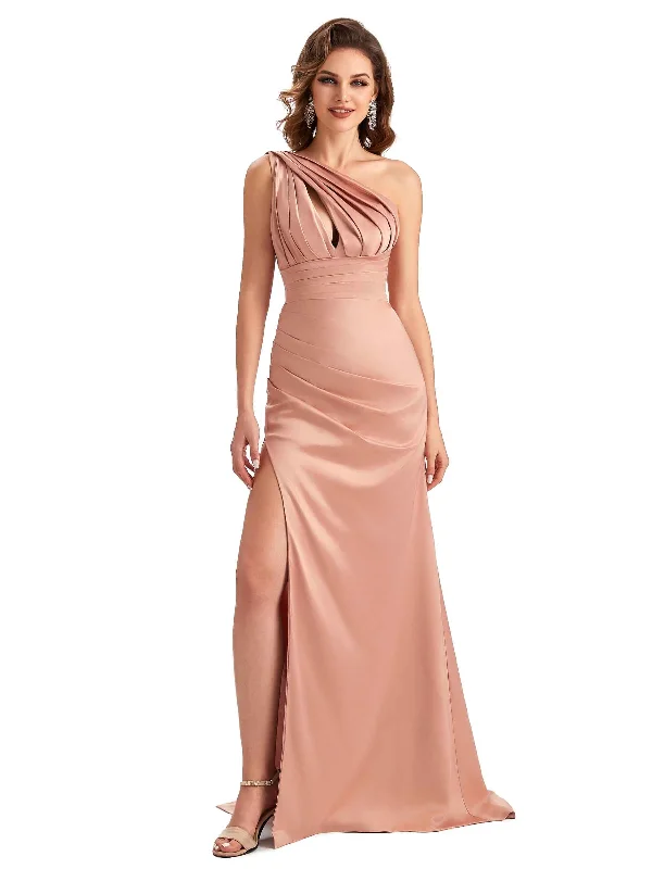 Weekend Shopping Deals Galore Sexy One Shoulder Side Slit Mermaid Unique Long Satin Party Dress