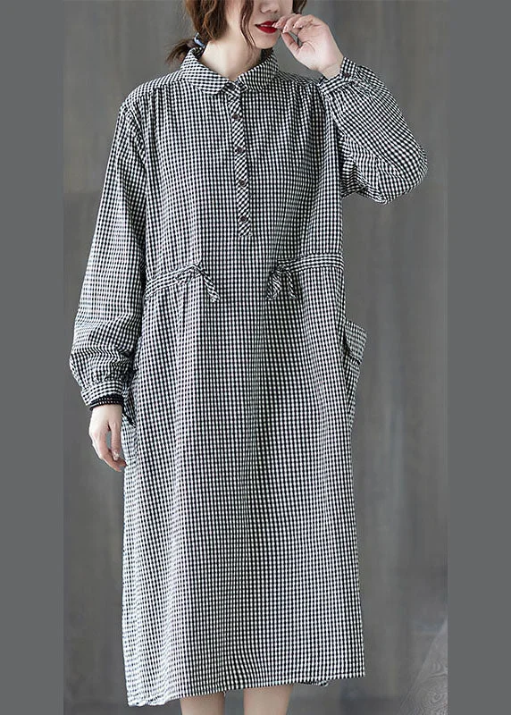 Big Offers Simple Plaid Button Pockets Tie Waist Fall Party Dress Long sleeve