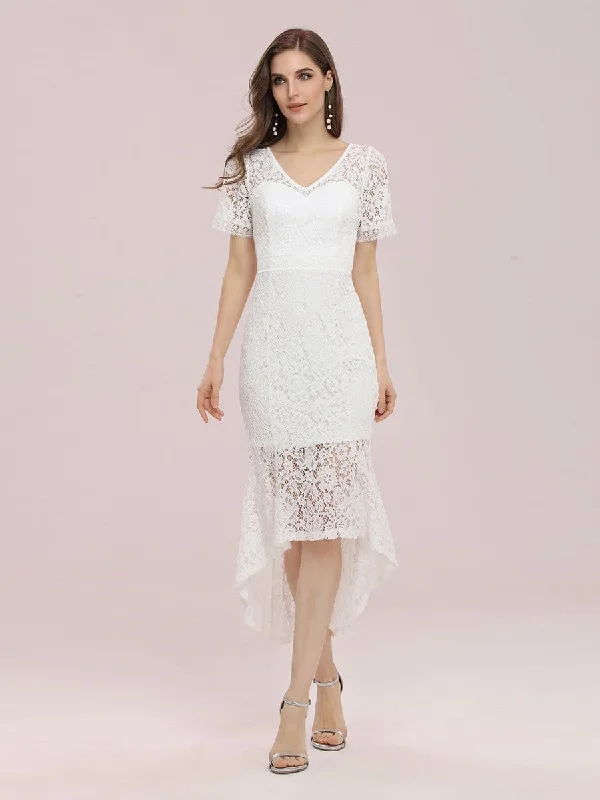 End-of-Season Sale Simple V Neck Fishtail Tea Length Lace Party Dress