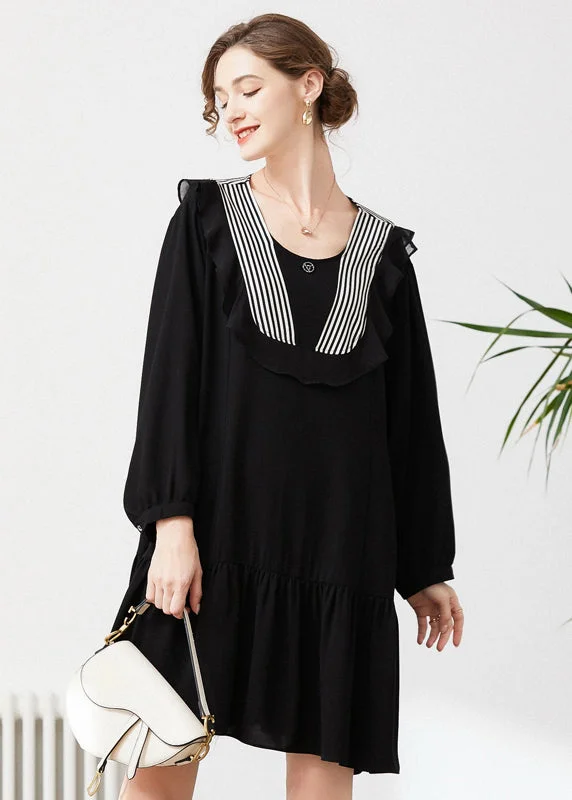Grab Your Deal Style Black O-Neck Patchwork Ruffles Chiffon Party Dress Spring