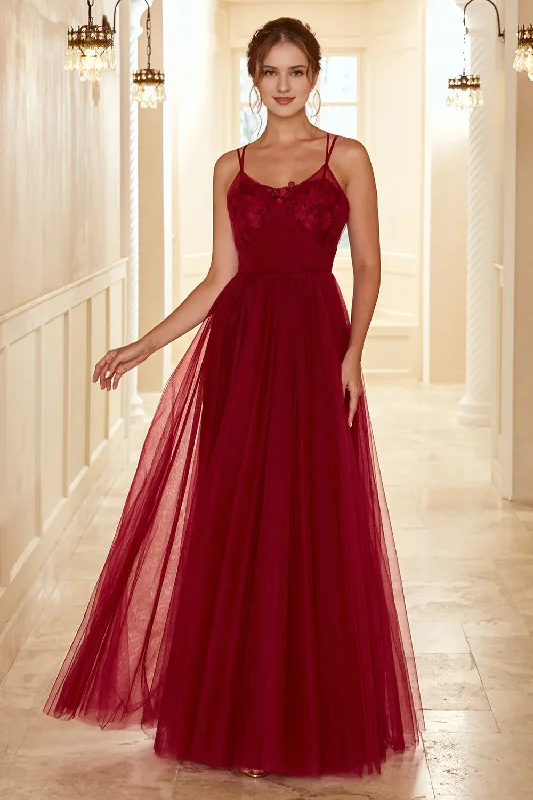 Weekend Shop Now Wine red A Line thin shoulder lace chiffon wedding party dress
