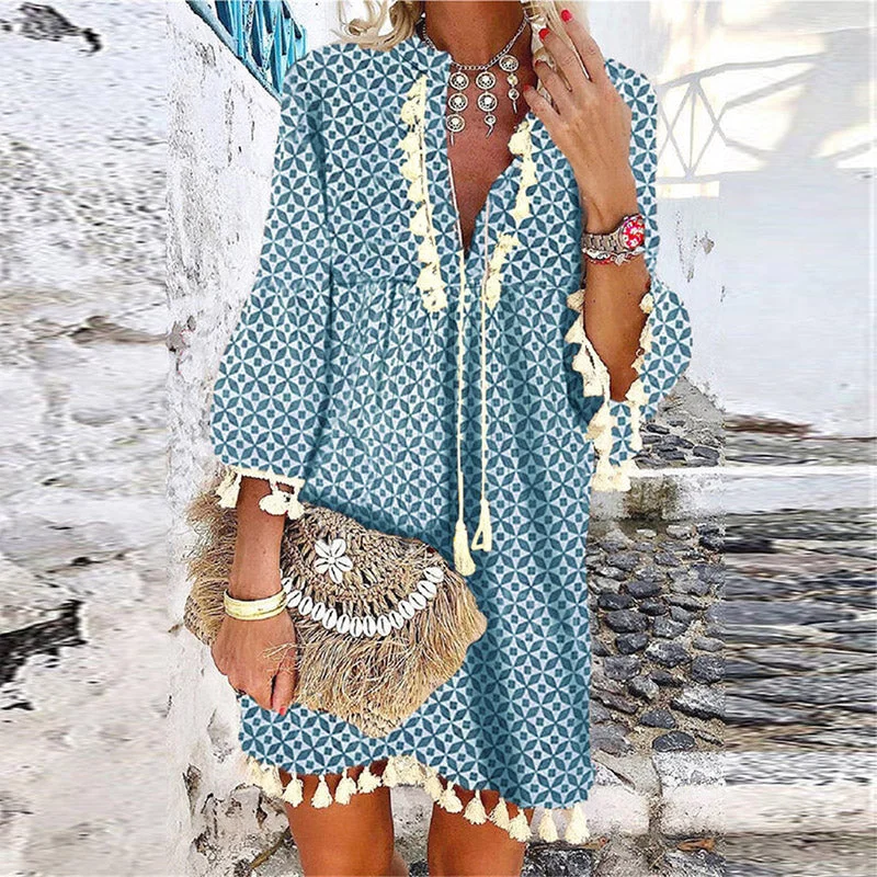 Weekend Big Discount Event Women Elegant V-Neck Drawstring Tassel Design Party Dress