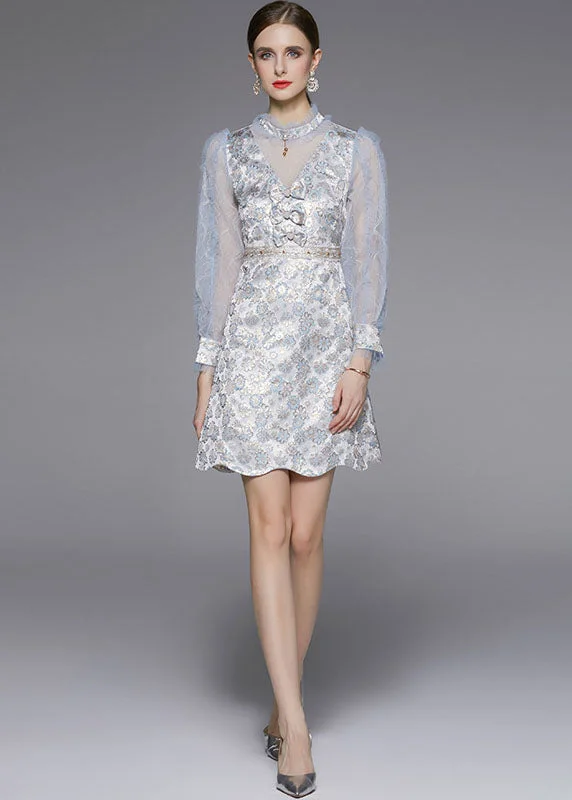 Savings Galore Women Light Blue Bow Jacquard Patchwork Tulle Party Dress Fall