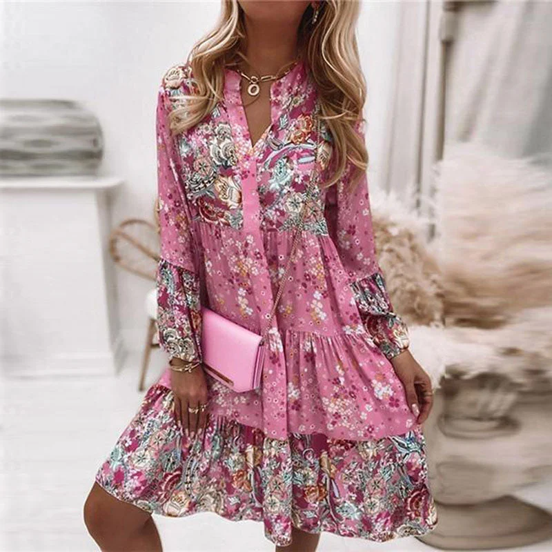 Weekend Hot Savings Women Ruffle Loose Women Party Dress Casual V Neck Beach Dress