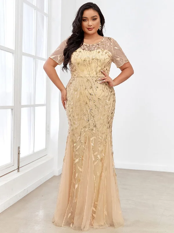 Weekend Hot Offers Enchanting Plus Size Women's Floral Sequin Fishtail Tulle Party Dress