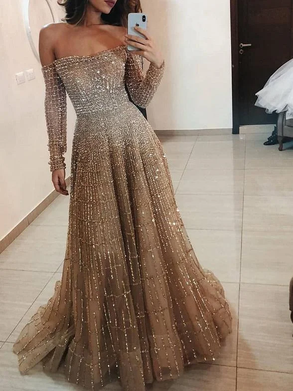 Sale of the Year Dresses Boat Neck Shiny Long Sleeve Party Dresses for Women