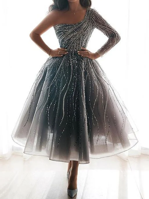 Flash Offer Dresses Hot Silver One Shoulder Mesh Party Dress for Women