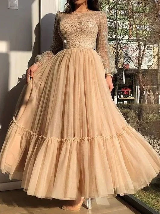 Shop & Save Dresses Round Neck Mesh Long Sleeve Party Dress for Women