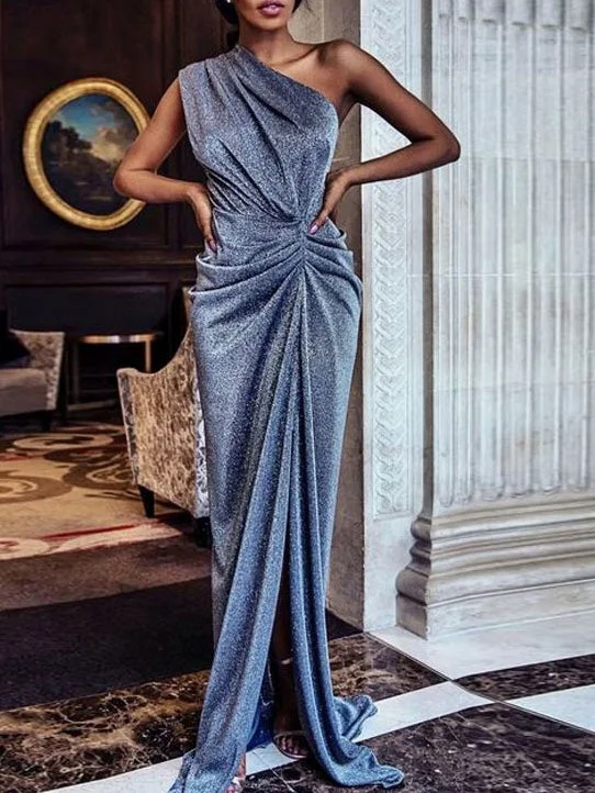 Shop & Save More Dresses Shiny One-Shoulder Sleeveless Split Party Dress for Women