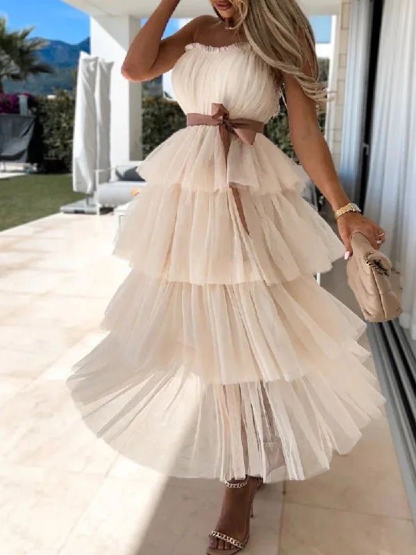 Flash Sale Dresses Tube Top Mesh Lace-Up Cake Party Dress for Women