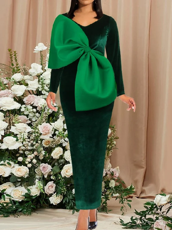 Weekend Special Dresses V-Neck Velvet Bow Long Sleeve Party Dress for Women