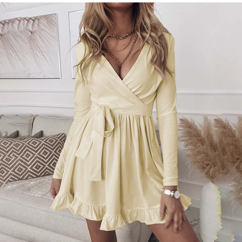 Weekend Bargain Blast Fashion Casual Lace Up V-neck Long Sleeve Ruffles Beach Party Dress Weekend Bargain Blast Fashion Casual Lace Up V-neck Long Sleeve Ruffles Beach Party Dress