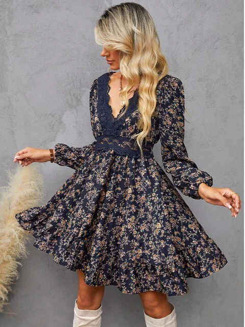 Weekend Price Drops BerriesJam - Floral Lace Sexy V-neck Ruffled Long Sleeve Party Dress Weekend Price Drops BerriesJam - Floral Lace Sexy V-neck Ruffled Long Sleeve Party Dress