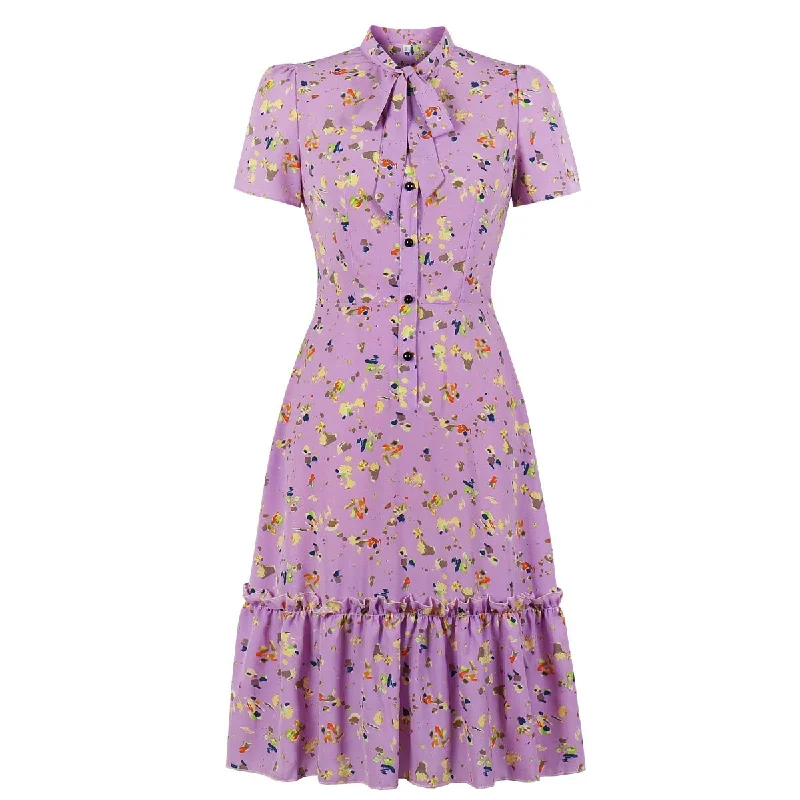 Weekend Bonanza BerriesJam - Floral Print Bow Tie Neck Button Front Party Dress